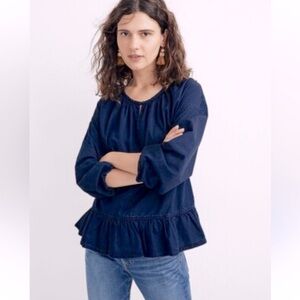 Sz S Madewell Dark Blue Denim Ruffle Hem Peplum Top